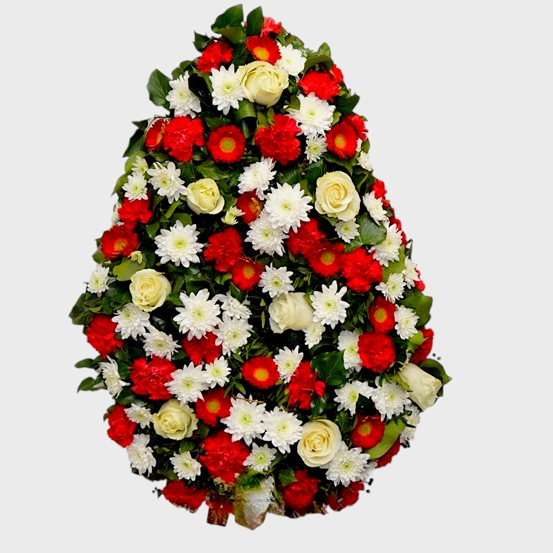 Coroana funerara cu trandafiri albi si gerbera rosie
