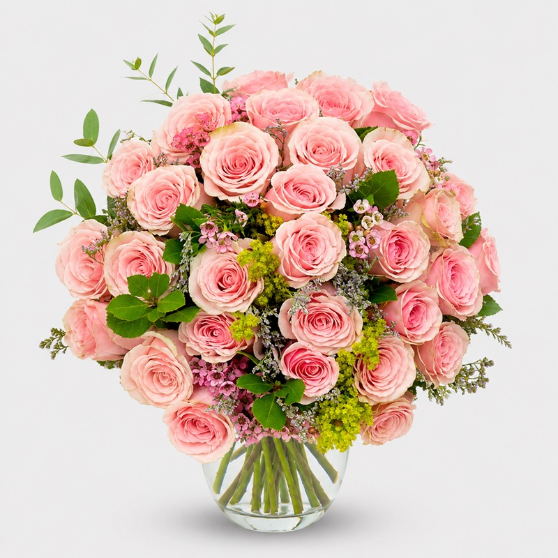 buchet 31 trandafiri roz si waxflower