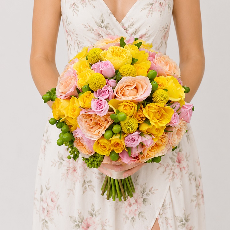 Buchet de mireasa cu miniroze roz si trandafiri peach Antonia