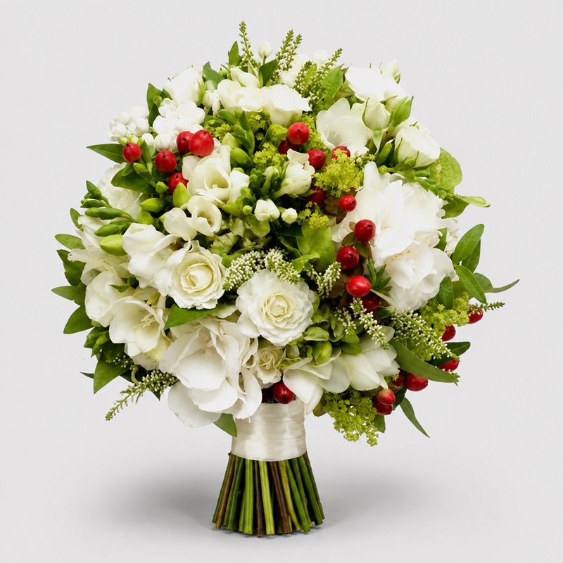 Buchet de mireasa cu frezii, miniroze si hortensii Emilia
