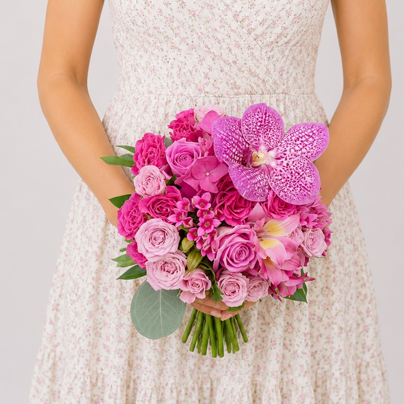 Buchet de mireasa cu orhidee, miniroze si hortensii Purple Pink