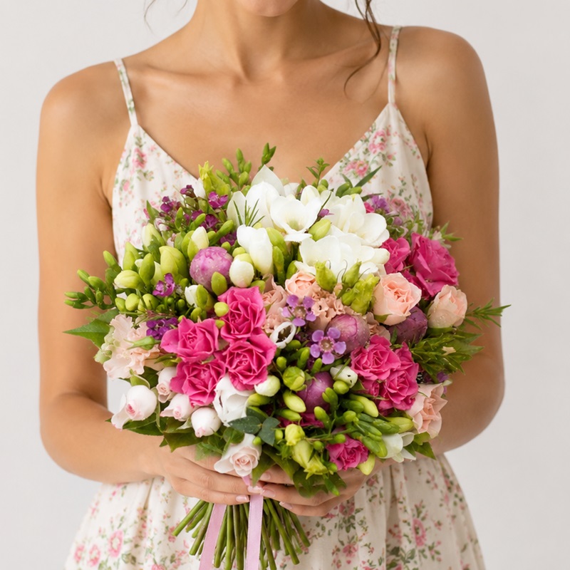 Buchet de mireasa cu frezii albe si miniroze Sweet Freesia