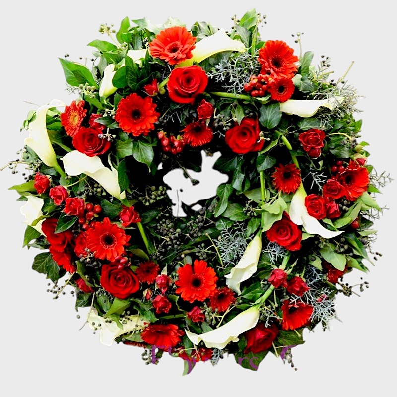 Coroana funerara cu cale albe si trandafiri rosii
