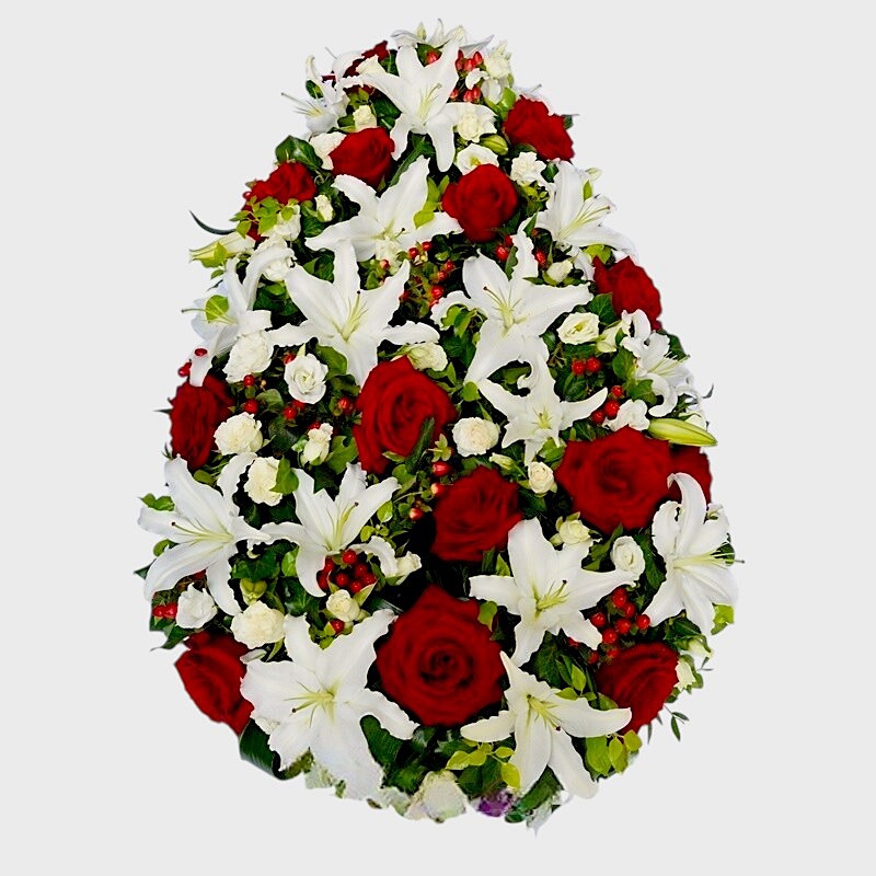 coroana funerara cu crini albi si trandafiri rosii si albi
