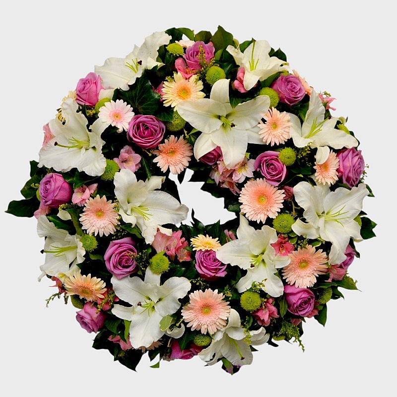Coroana funerara cu trandafiri mov si crini