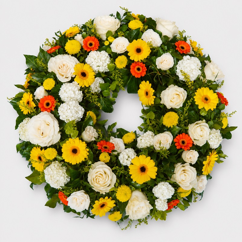 Coroana funerara rotunda cu trandafiri albi si minigerbera galbena si orange