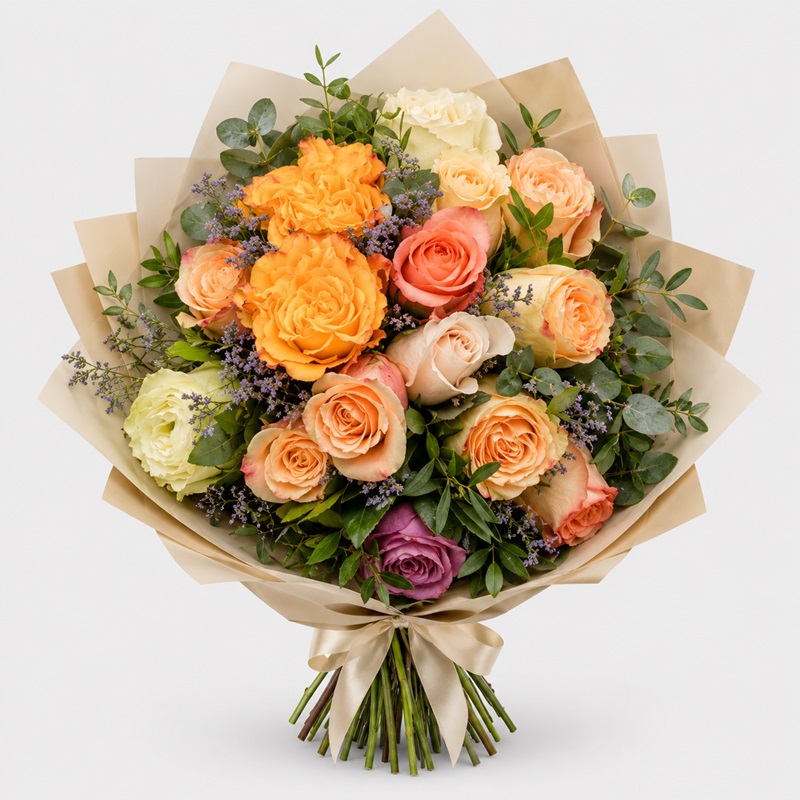 Buchet 15 trandafiri multicolori