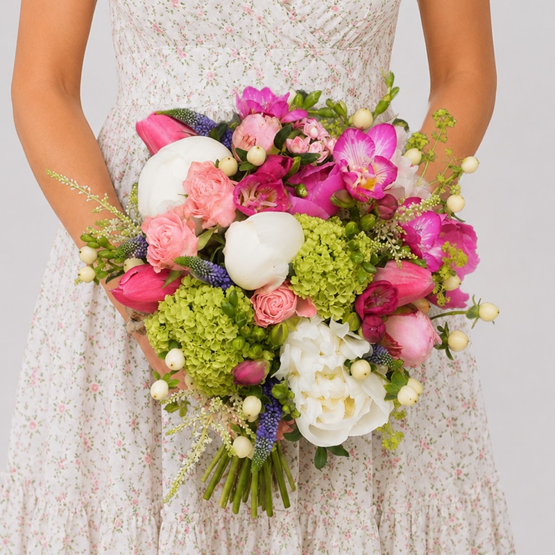 Buchet de mireasa cu bujori, lalele si frezii Pink Freesia