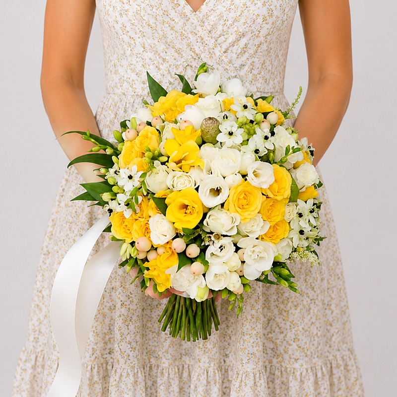 Buchet de mireasa cu frezii si miniroze galbene Yellow Bride
