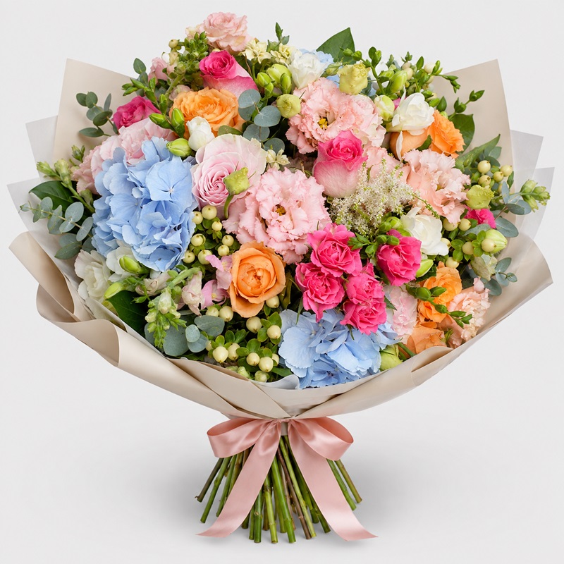 Buchet cu trandafiri si hortensii Charming Fuchsia