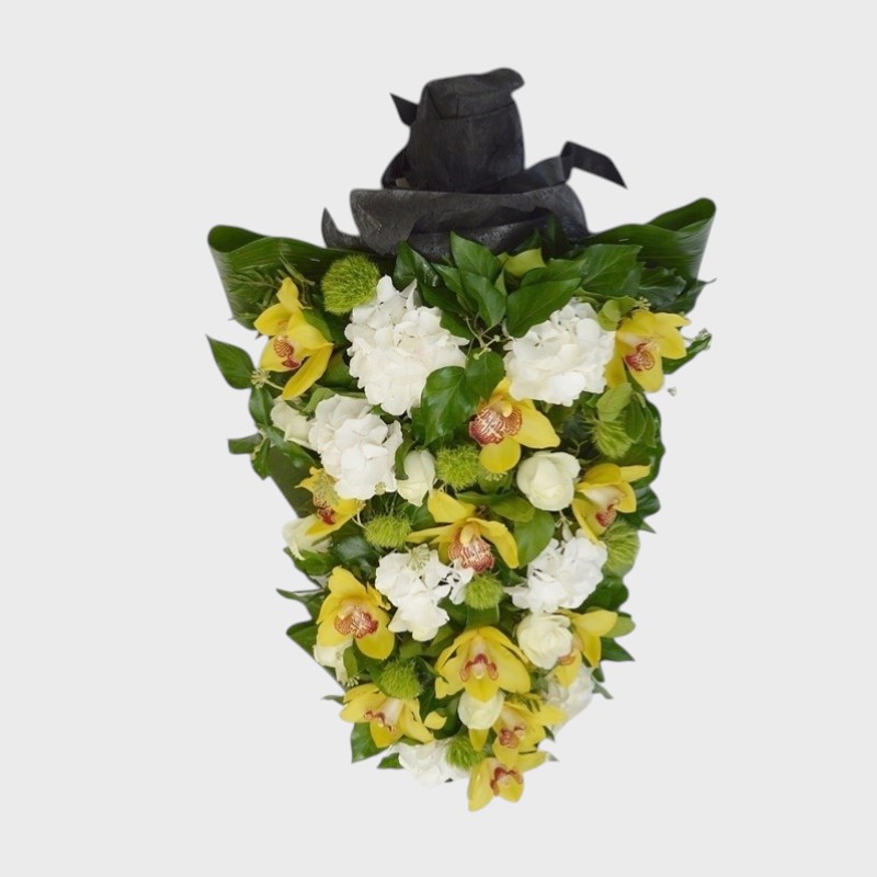 Jerba funerara cu orhidee cymbidium si hortensii albe