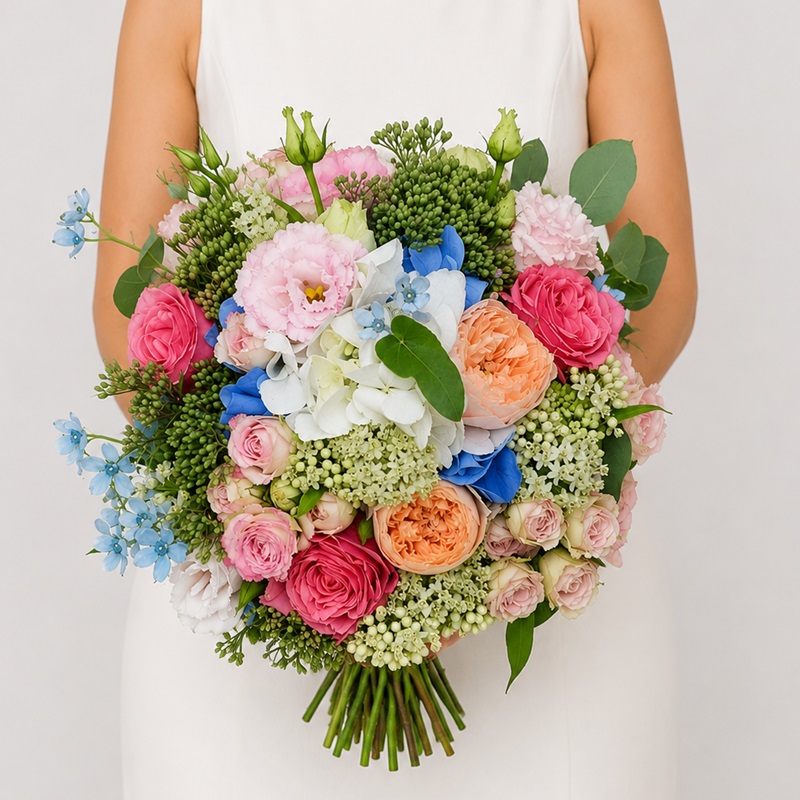 Buchet de mireasa cu trandafiri de gradina Blushing Peach