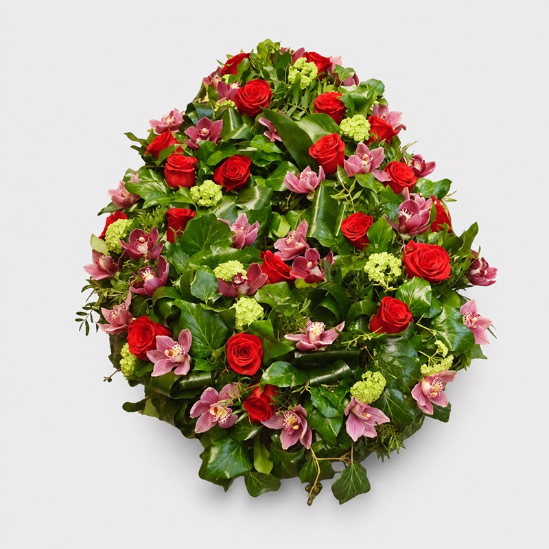 Coroana funerara cu trandafiri rosii si orhidee cymbidium
