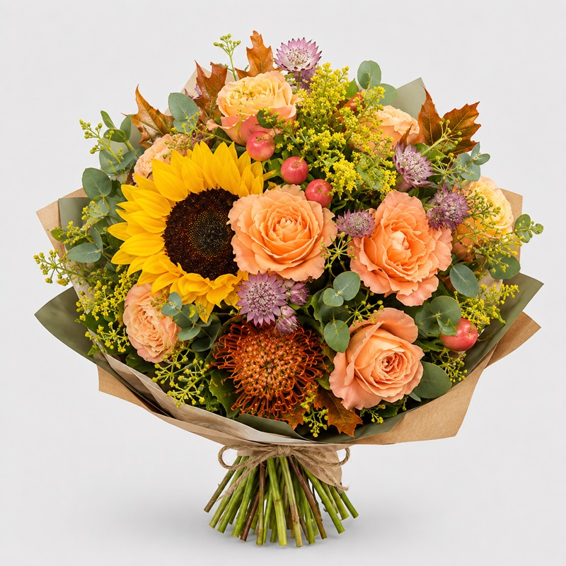Buchet cadou cu floarea soarelui si trandafiri somon