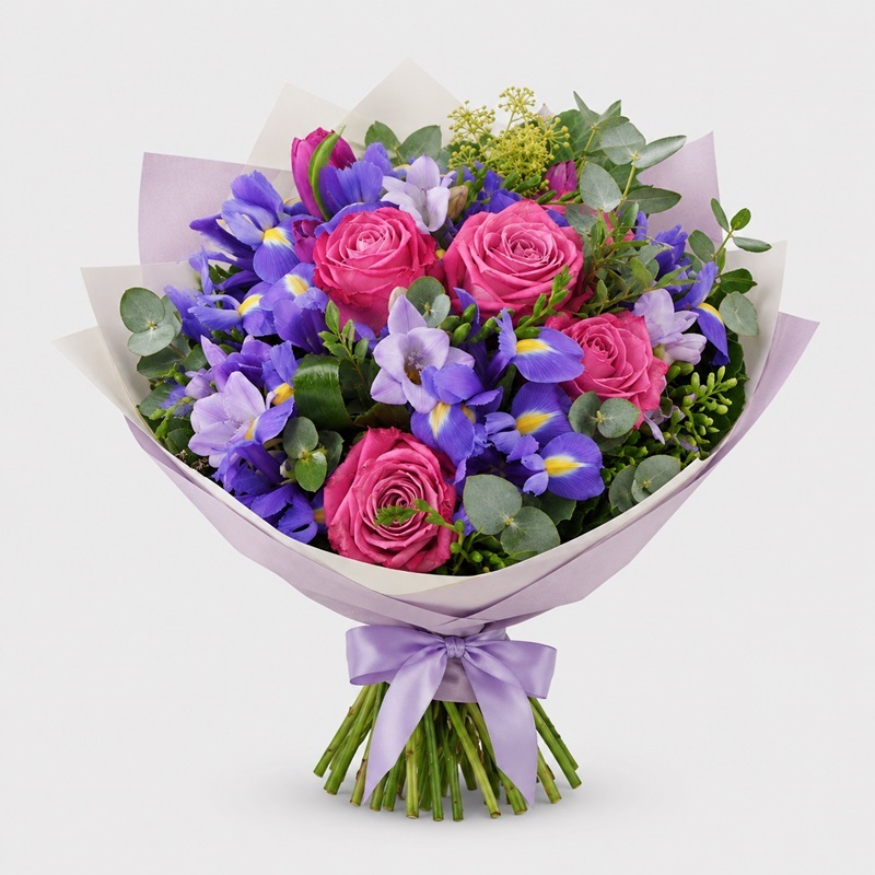 Buchet cu trandafiri, frezii si lalele Purple Delight