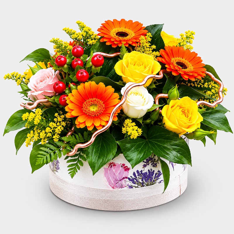 aranjament floral in cutie cu miniroze si gerbera mini