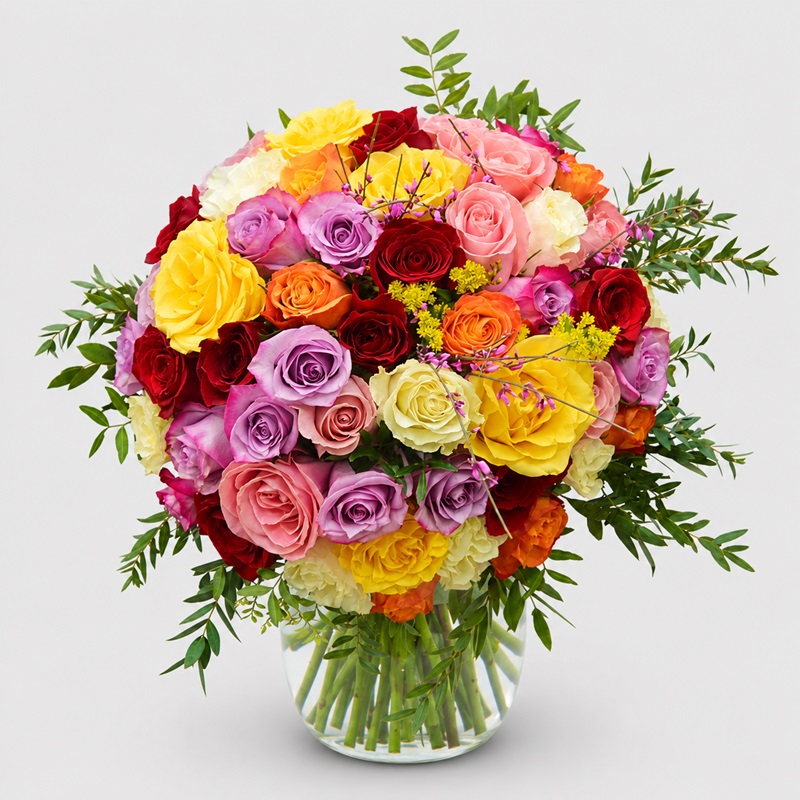 Buchet 51 trandafiri multicolori (Oferta Zilei), trandafiri scurti 40 cm