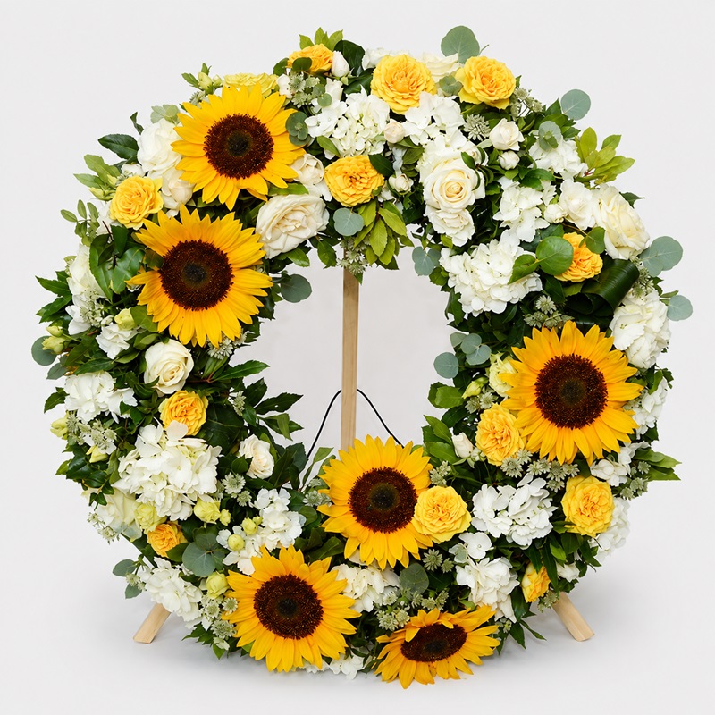 Coroana funerara cu floarea soarelui, trandafiri si hortensii