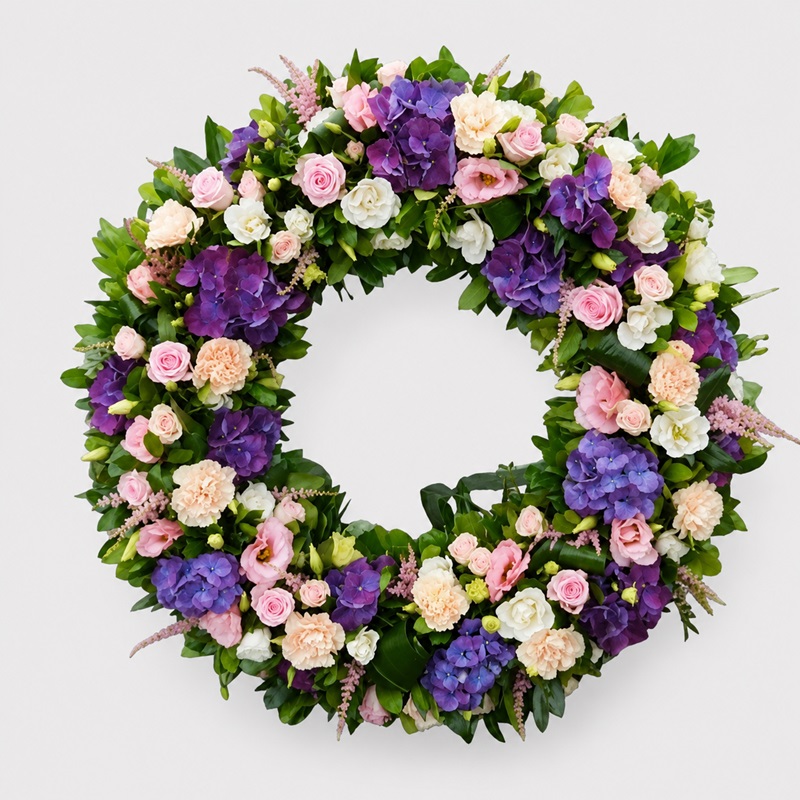 coroana funerara cu hortensii mov si miniroze roz