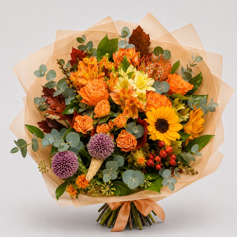 Buchet cu floarea soarelui si trandafiri Deliciu de toamna