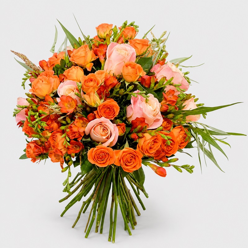 Buchet cadou cu trandafiri somon si frezii Orange Delight