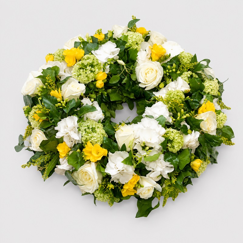 coroana funerara rotunda cu frezii galbene si hortensii albe