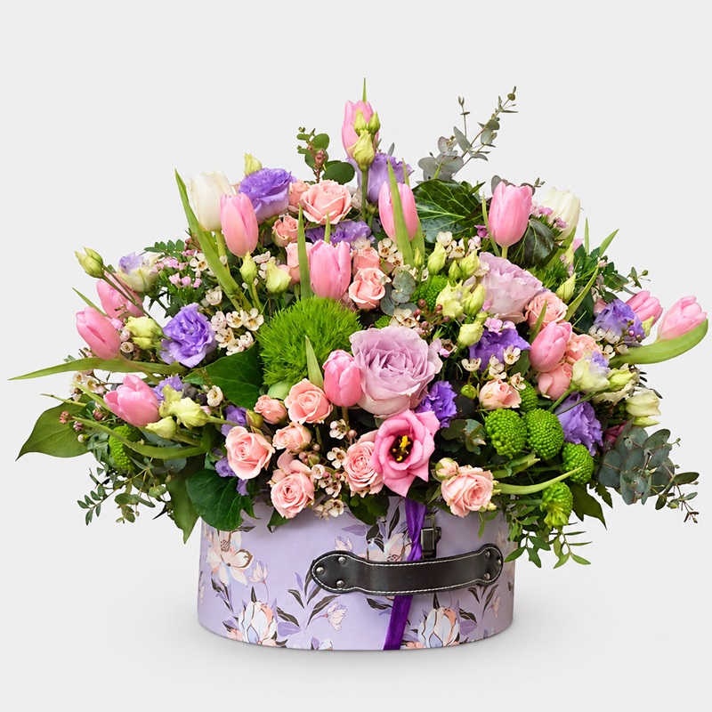 aranjament floral in cutie cu lalele si trandafiri
