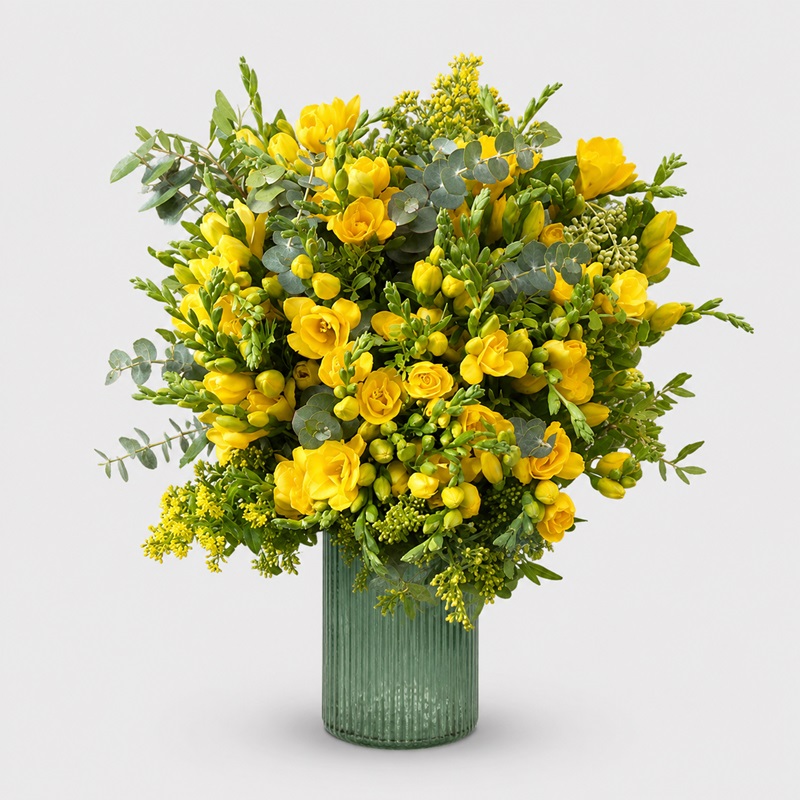 buchet cadou cu 49 frezii galbene