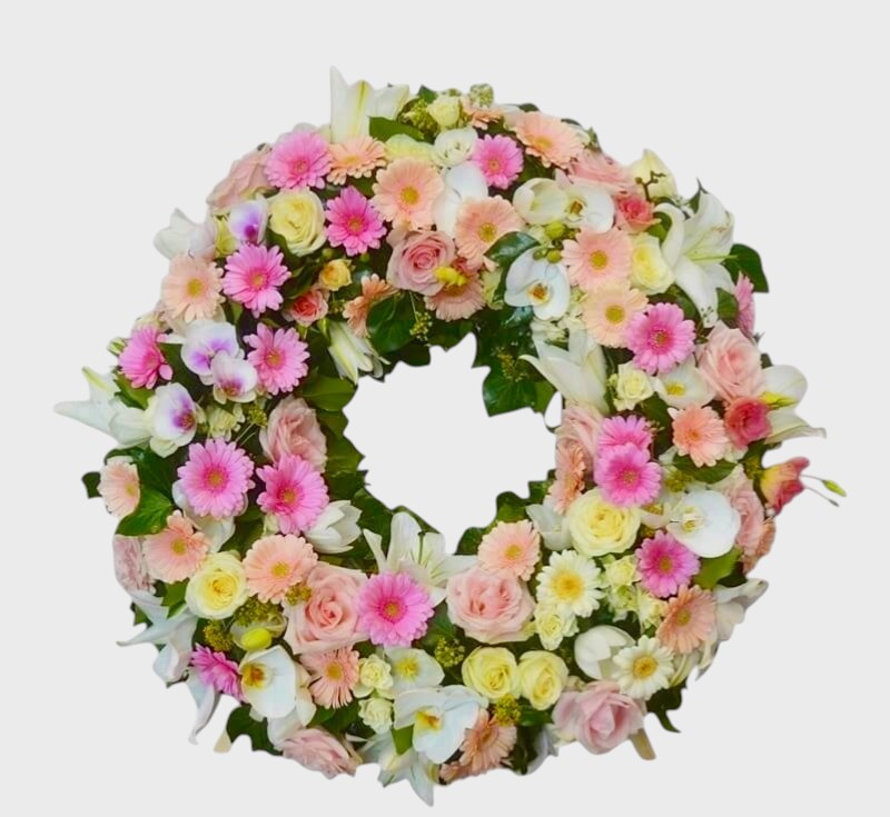 Coroana funerara cu orhidee gerbera si trandafiri