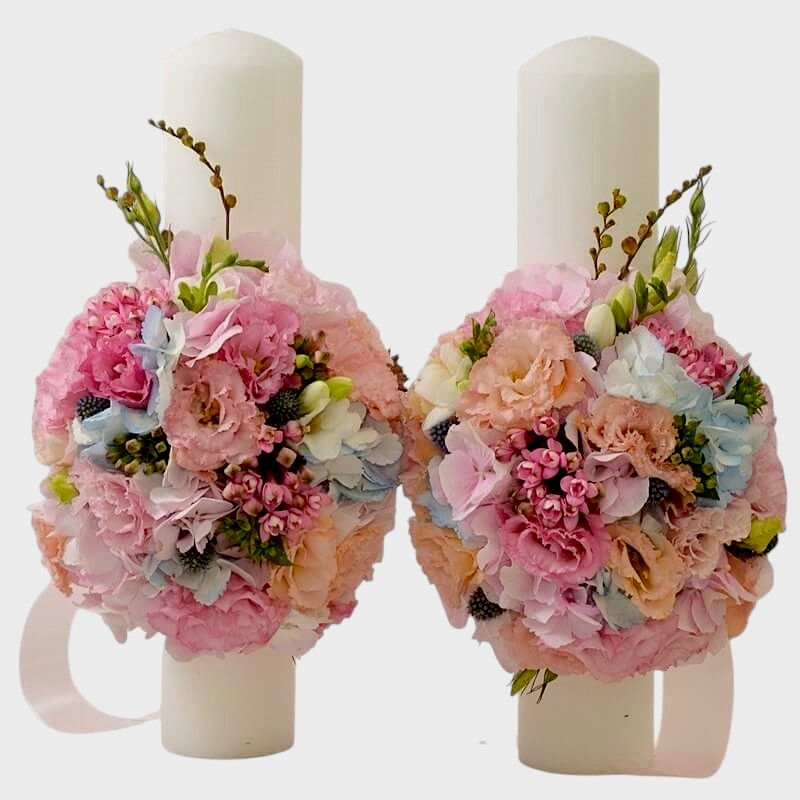 Lumanari nunta 40 cm cu hortensii si lisianthus