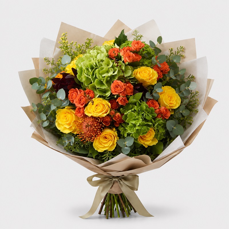 Buchet cadou cu trandafiri galbeni si miniroze orange Shining