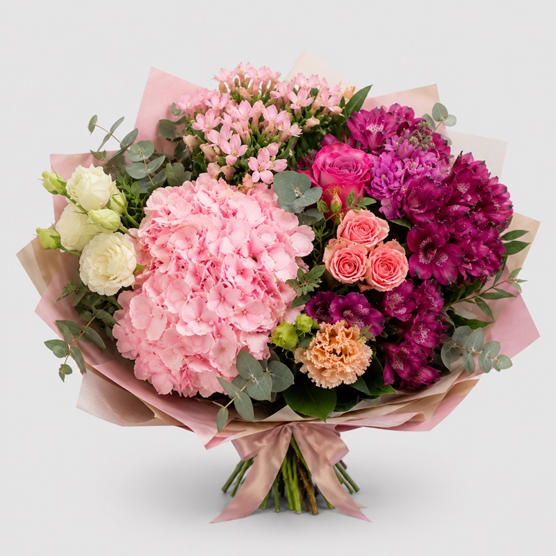 buchet cadou cu hortensii roz si alstroemeria mov