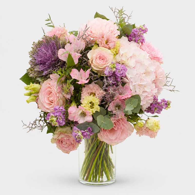 Buchet de flori cu hortensii, trandafiri si mathiolla