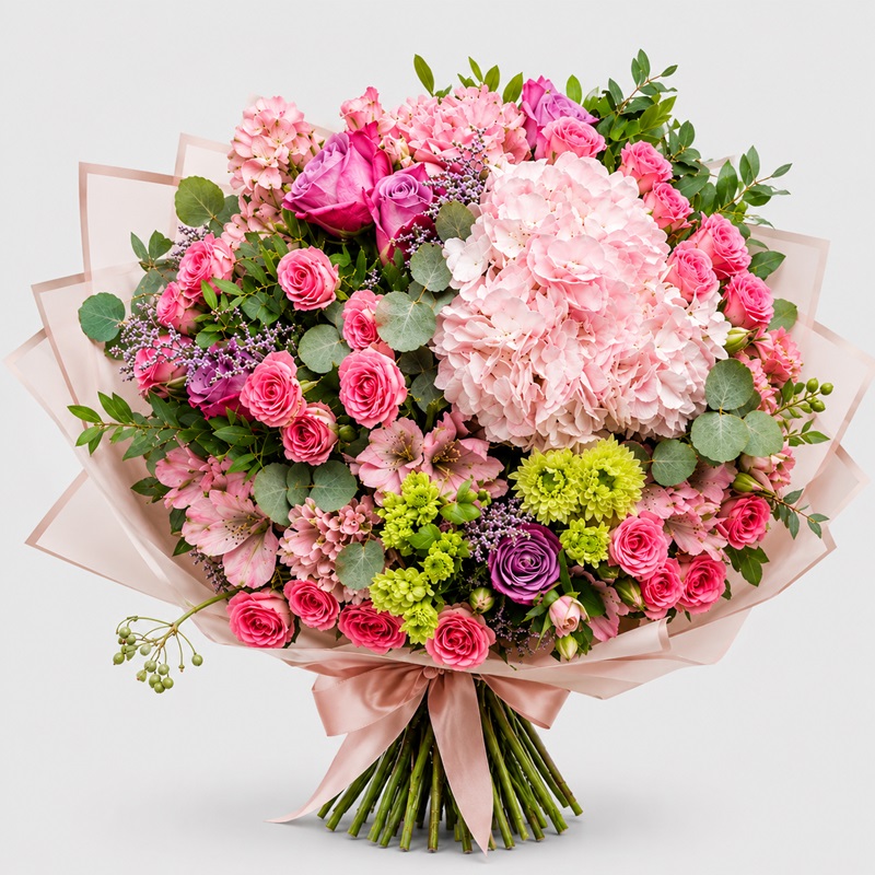 Buchet floral cadou cu miniroze roz si hortensii Love like this