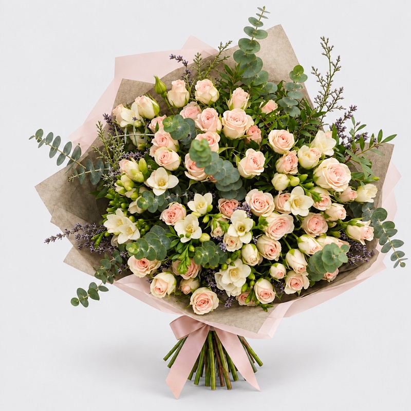 Buchet floral cadou cu miniroze si frezii albe Minirosas Effect