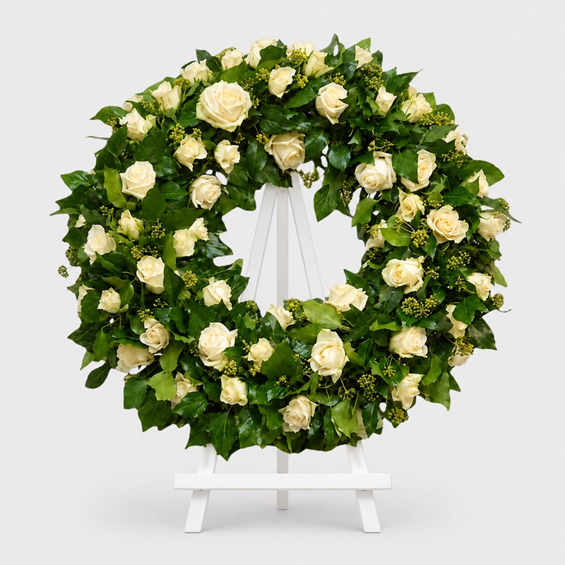 Coroana funerara rotunda cu trandafiri albi pe suport cu picior