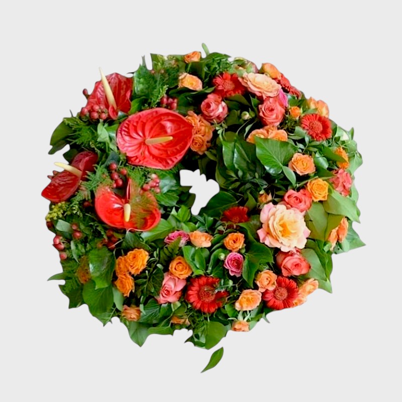 Coroana funerara cu anthurium, trandafiri si mini gerbera