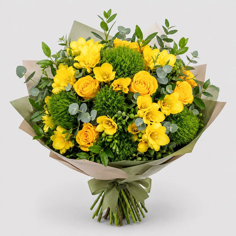 Buchet cu trandafiri si frezii Galben Abundent