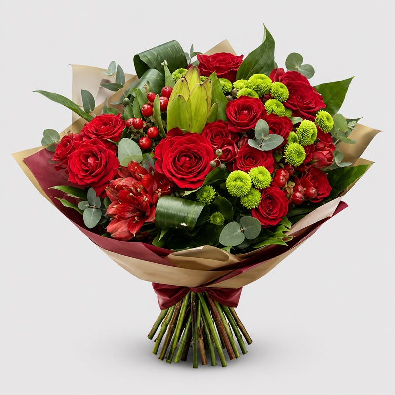 Buchet cadou cu trandafiri si miniroze Verde Imbujorat