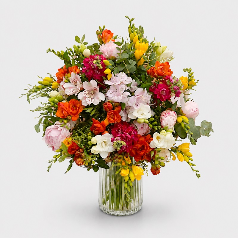 buchet frezii multicolore si bujori