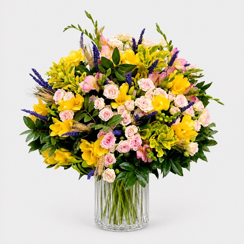 Buchet cadou cu frezii si miniroze "Carnaval floral"