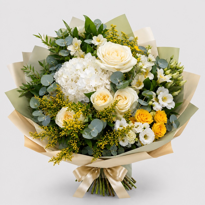 buchet cu hortensie, trandafiri albi si miniroze galbene