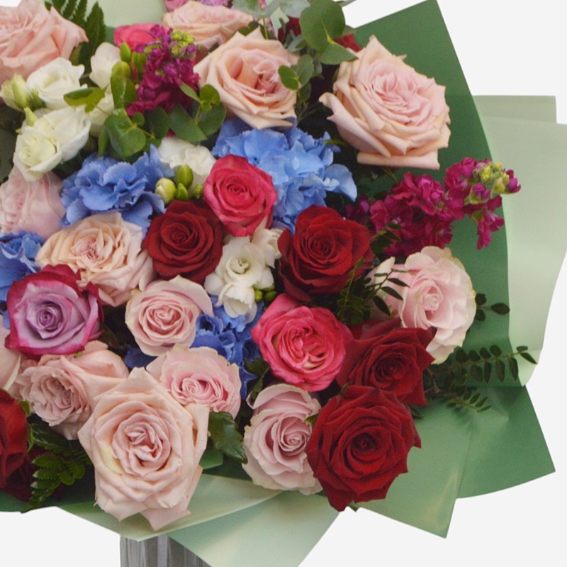 Buchet cu trandafiri roz, fuchsia, lila, rosii, hortensie albastra, mathiolla fuchsia si frezii albe