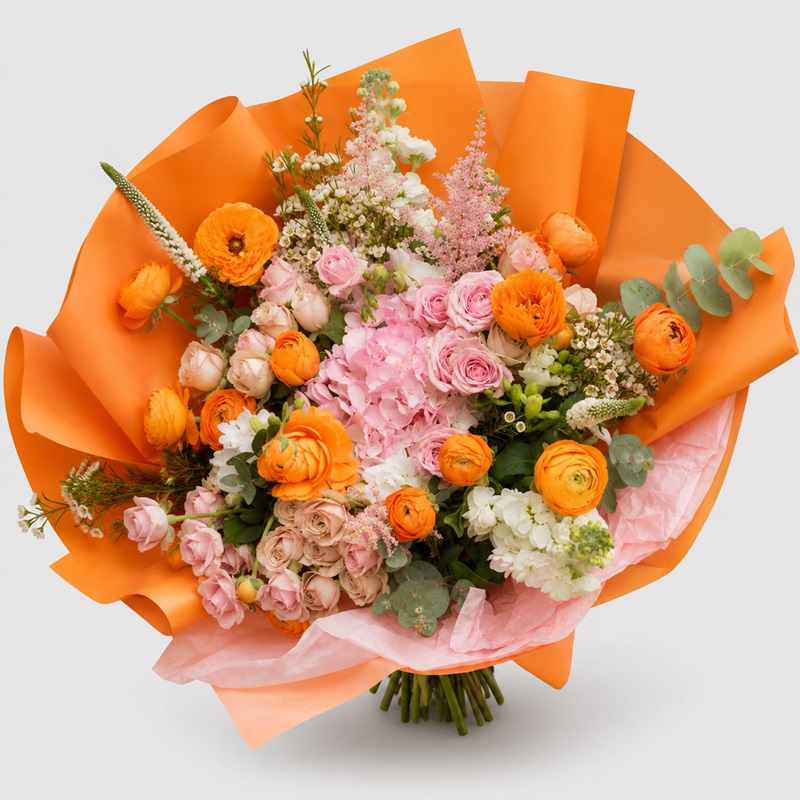 Buchet cu ranunculus si trandafiri "Apus de soare roz" - imagine 3