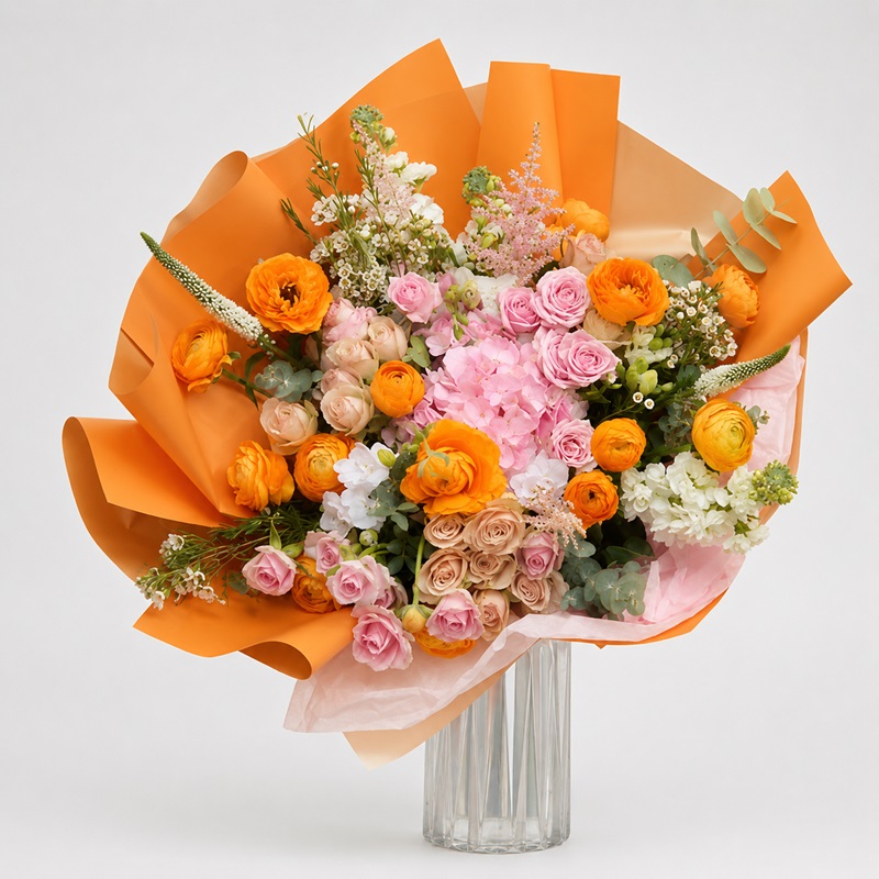 buchet cu ranunculus portocaliu si hortensii roz