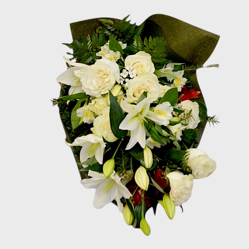 Buchet funerar cu crini si trandafiri