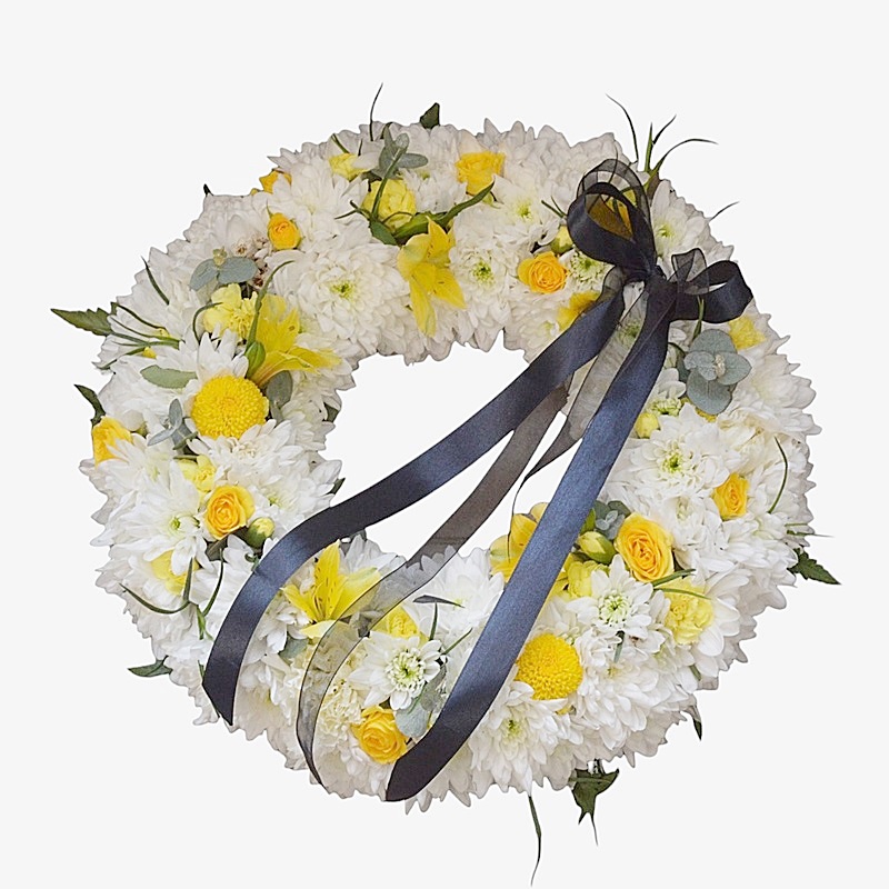 Coroana funerara cu crizanteme, miniroze si alstroemeria - imagine 2