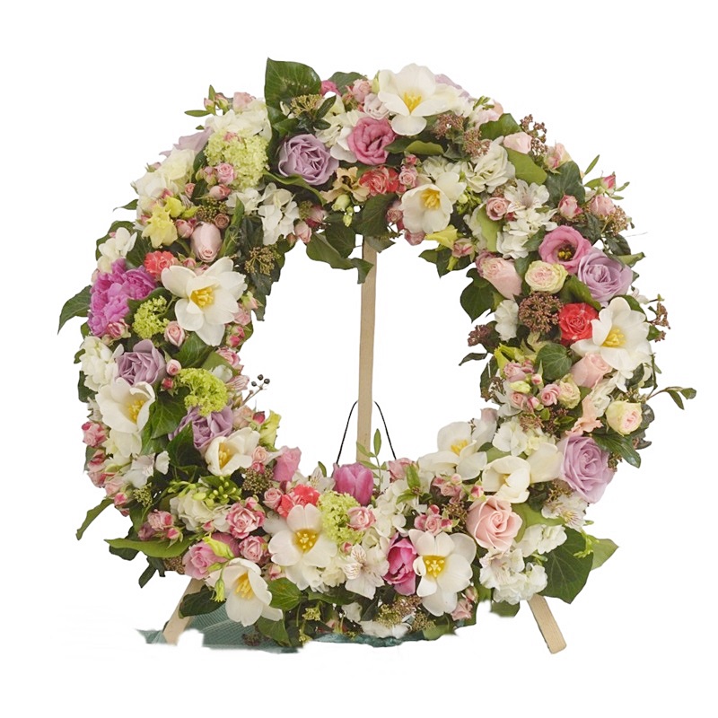 Coroana funerara cu lalele, hortensii si trandafiri - imagine 3
