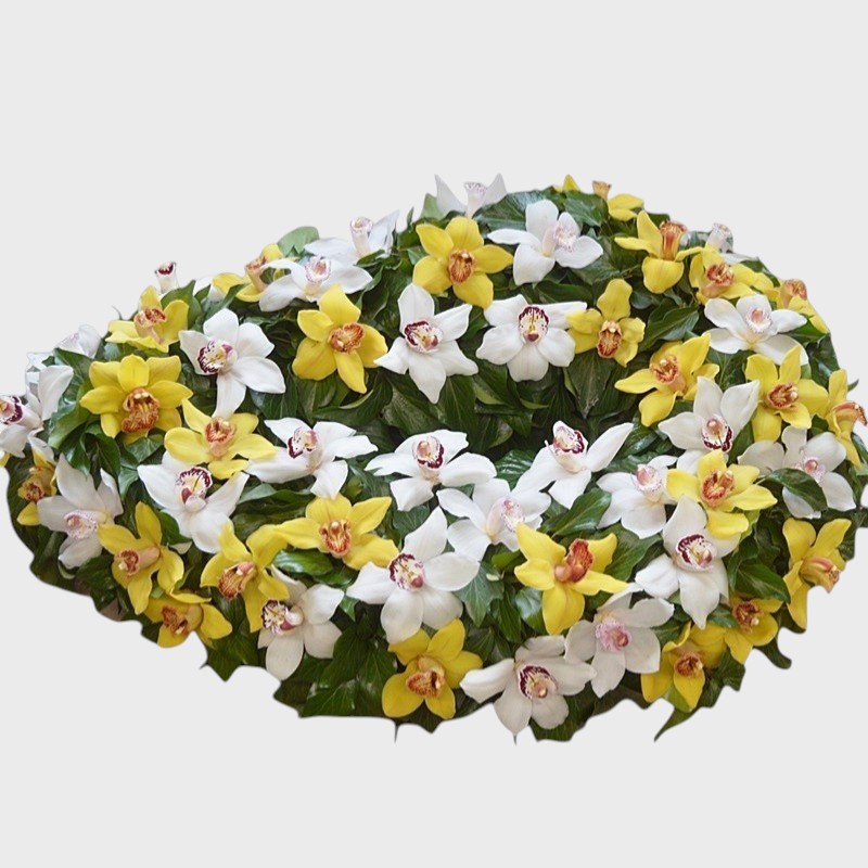 coroana funerara cu orhidee galbena si alba