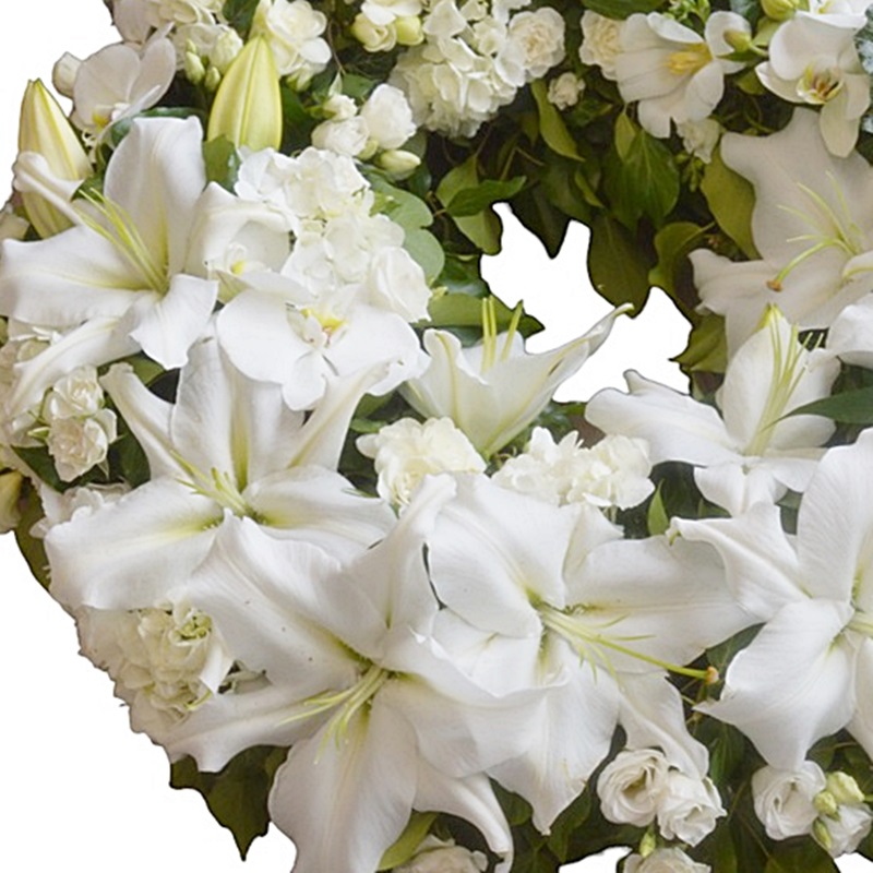 Coroana funerara cu orhidee, hortensii si crini - imagine 2